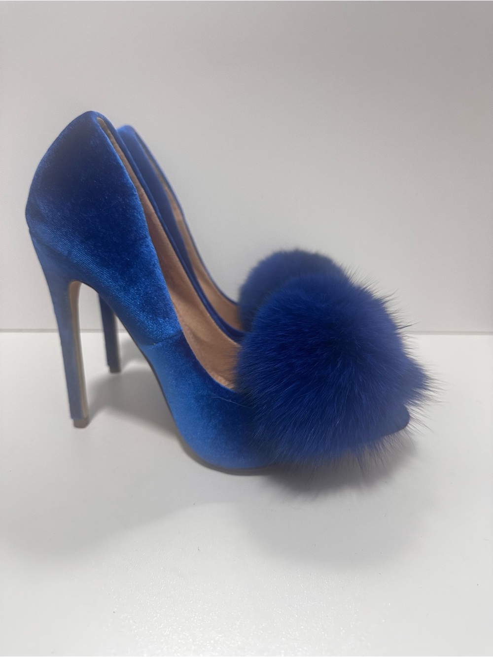 Liliana Affair Velvet Pointy Toe Stiletto High Heel Fur Pom Slide Shoes